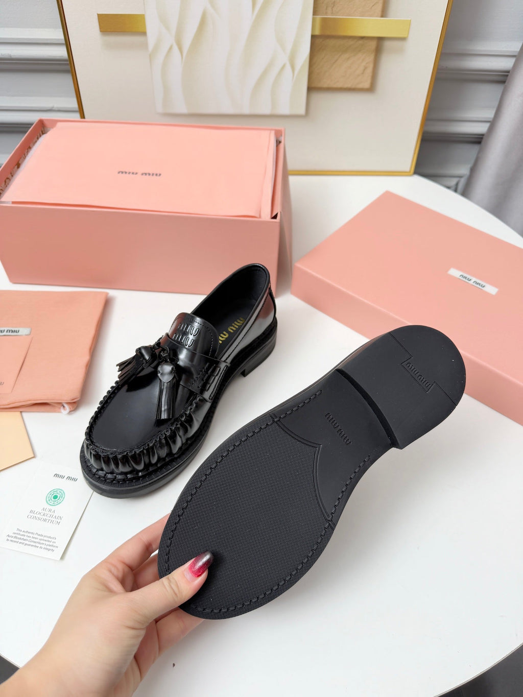 MIUMIU 26S TASSEL LOAFERS IN BLACK CALFSKIN