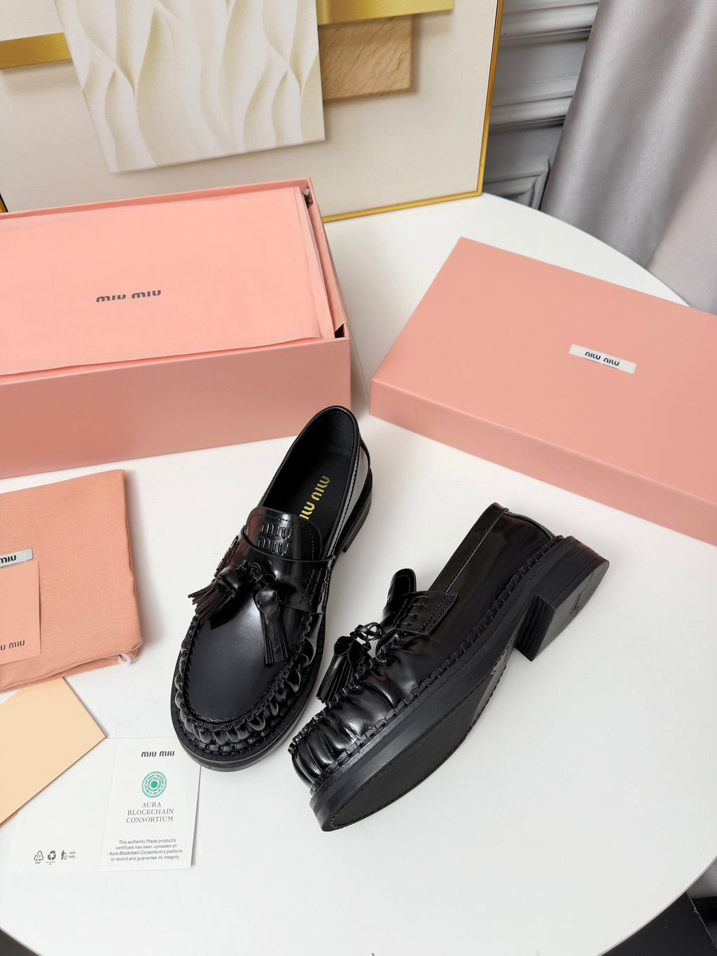 MIUMIU 26S TASSEL LOAFERS IN BLACK CALFSKIN