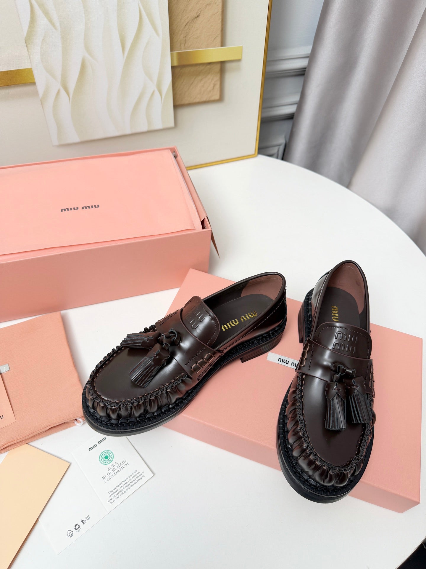 MIUMIU 26S TASSEL LOAFERS IN DARK BROWN CALFSKIN