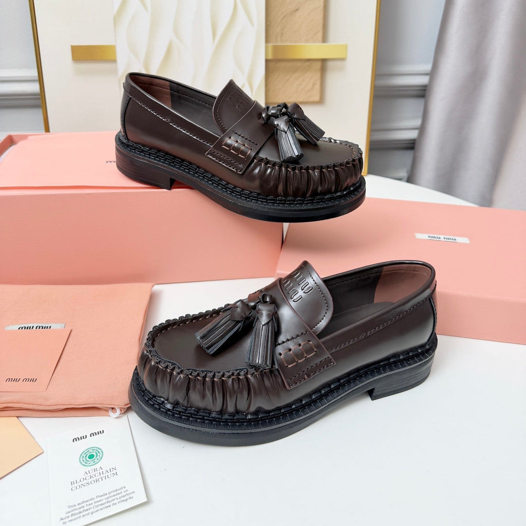 MIUMIU 26S TASSEL LOAFERS IN DARK BROWN CALFSKIN