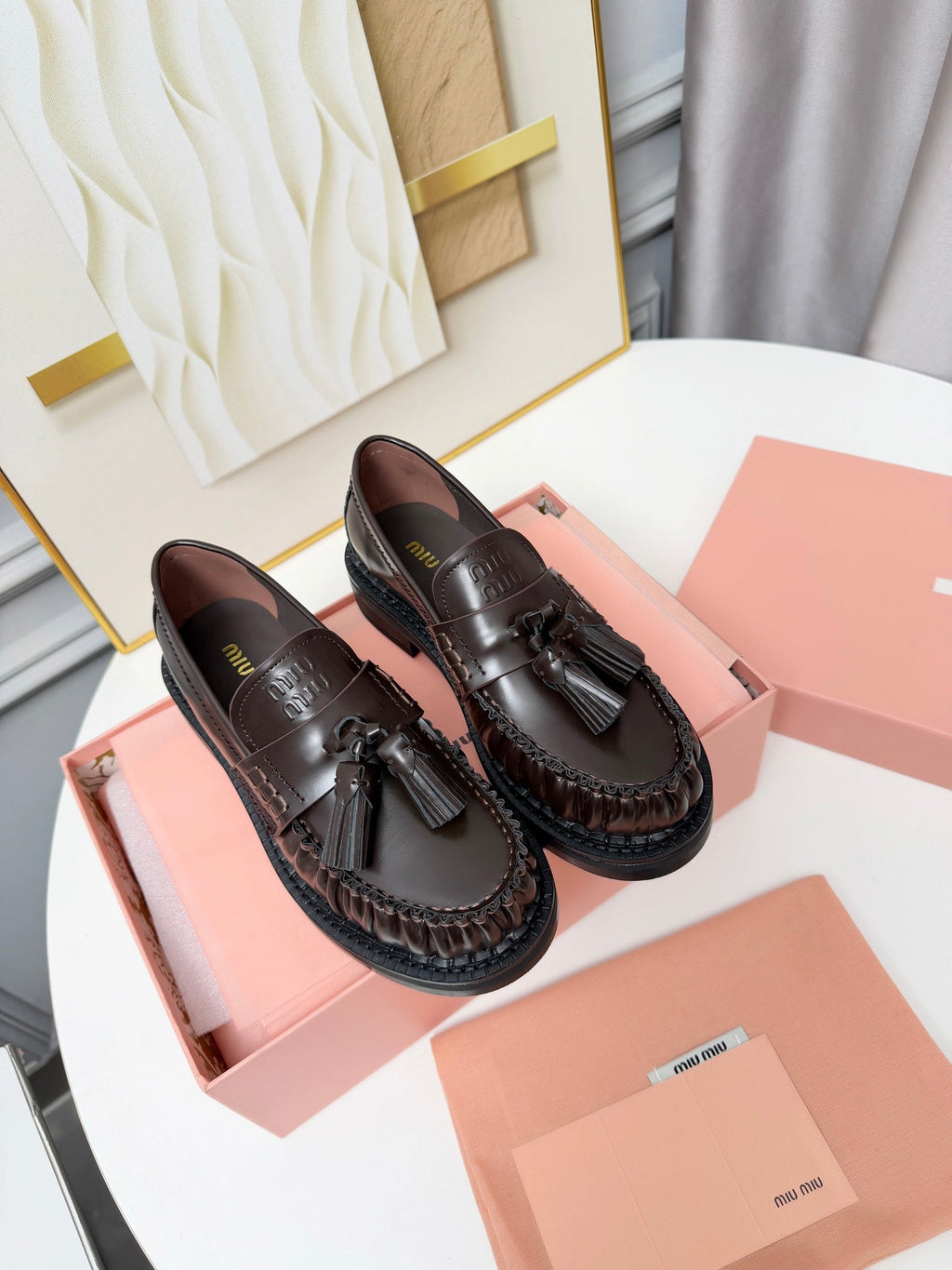 MIUMIU 26S TASSEL LOAFERS IN DARK BROWN CALFSKIN