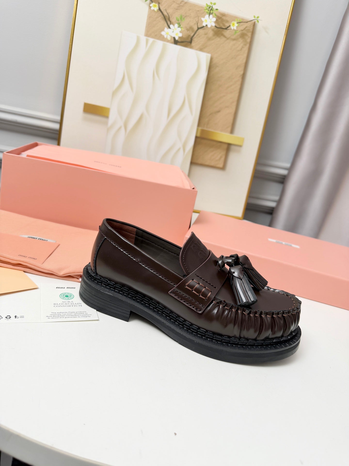 MIUMIU 26S TASSEL LOAFERS IN DARK BROWN CALFSKIN