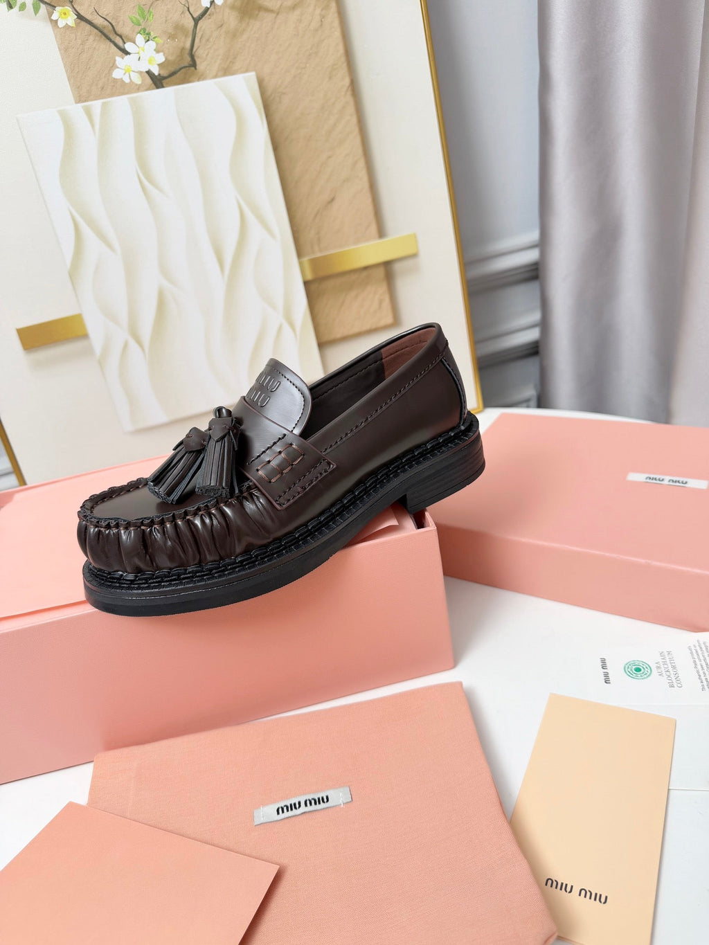MIUMIU 26S TASSEL LOAFERS IN DARK BROWN CALFSKIN