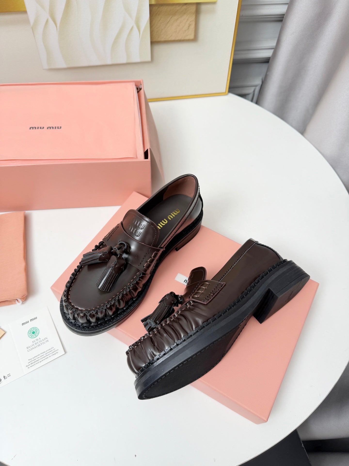MIUMIU 26S TASSEL LOAFERS IN DARK BROWN CALFSKIN