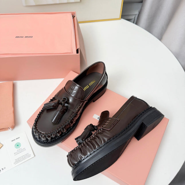 MIUMIU 26S TASSEL LOAFERS IN DARK BROWN CALFSKIN