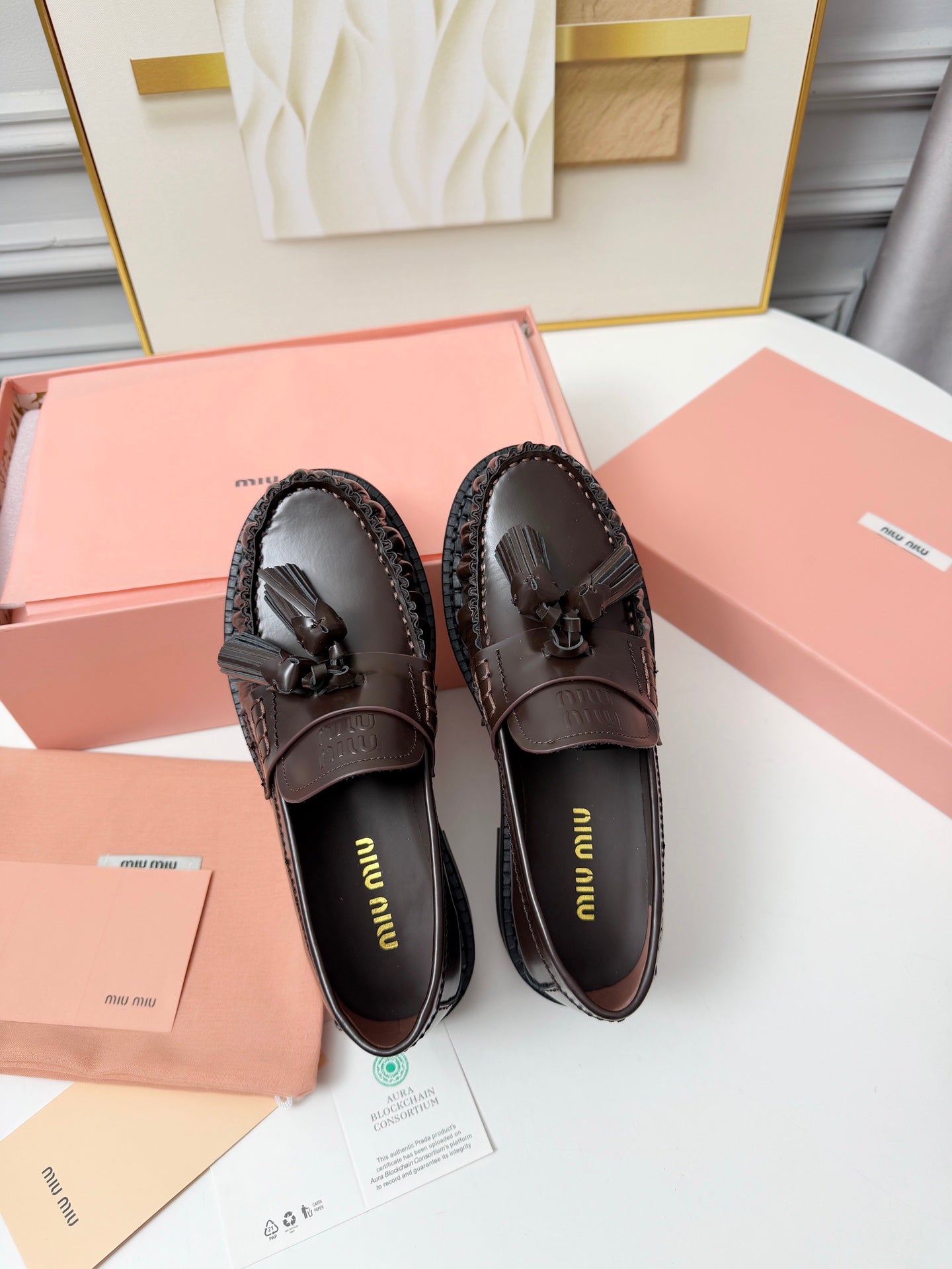 MIUMIU 26S TASSEL LOAFERS IN DARK BROWN CALFSKIN