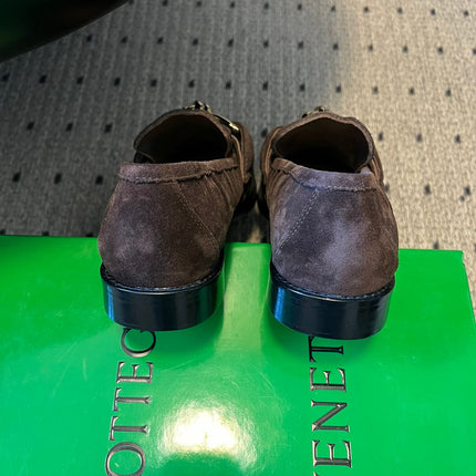 BOTTEGA VENETA 26S LOAFERS IN DARK BROWN SUEDE WITH GOLD HARDWARE