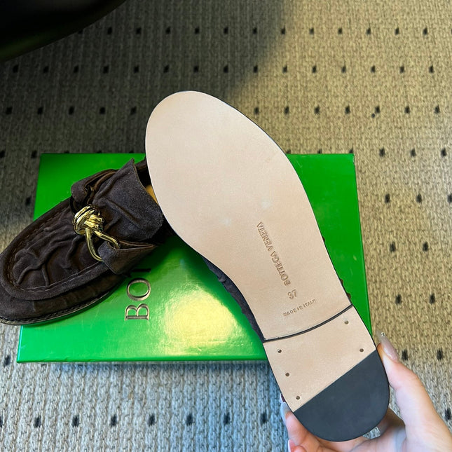 BOTTEGA VENETA 26S LOAFERS IN DARK BROWN SUEDE WITH GOLD HARDWARE