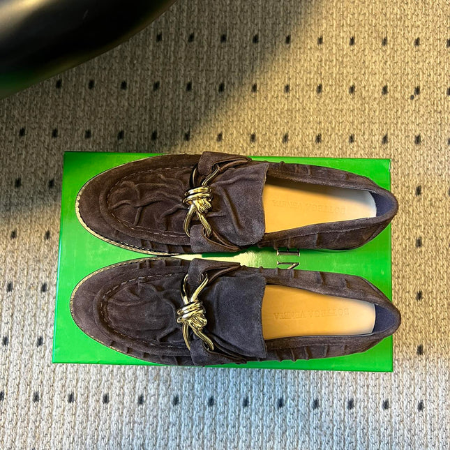 BOTTEGA VENETA 26S LOAFERS IN DARK BROWN SUEDE WITH GOLD HARDWARE