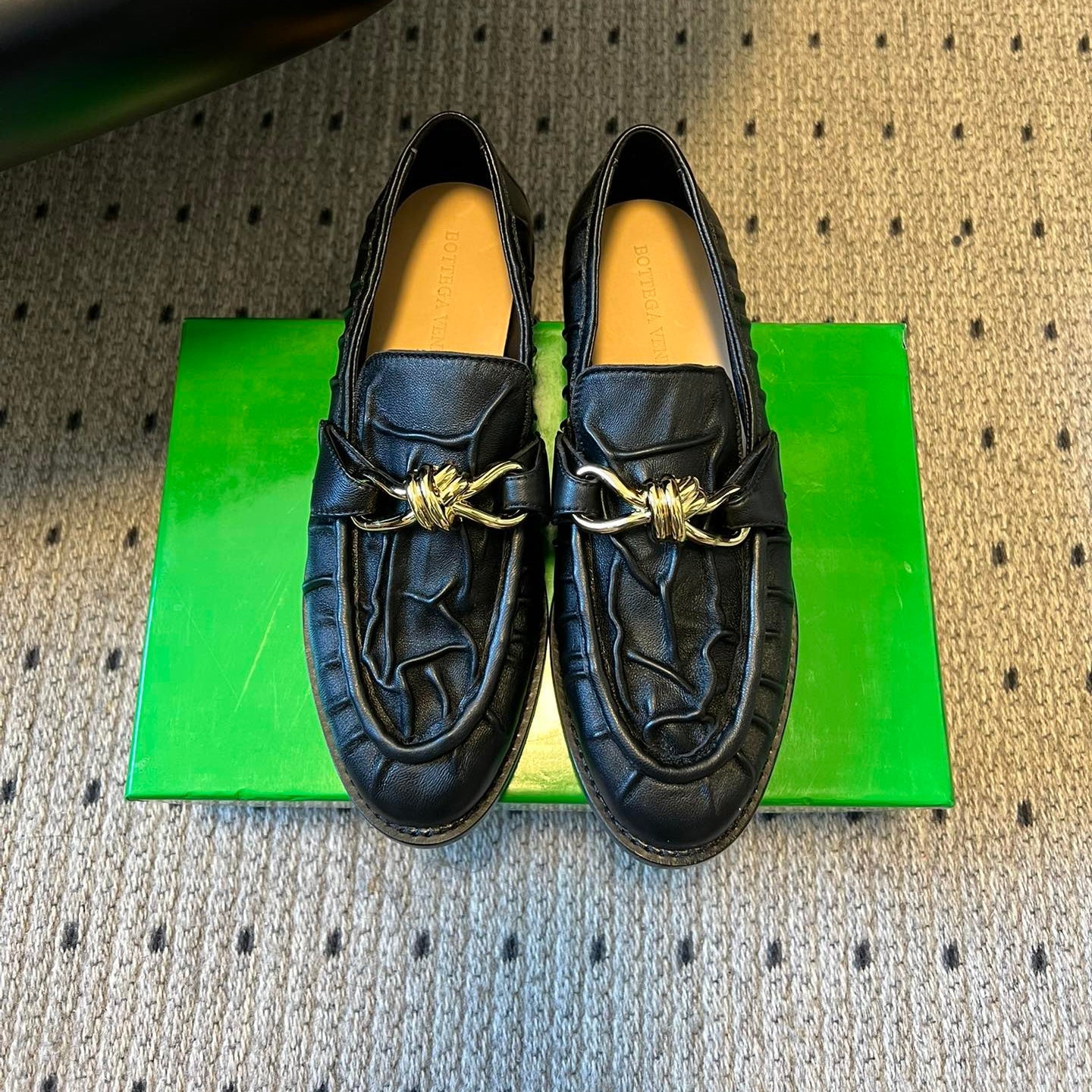 BOTTEGA VENETA 26S LOAFERS IN BLACK LAMBSKIN WITH GOLD HARDWARE