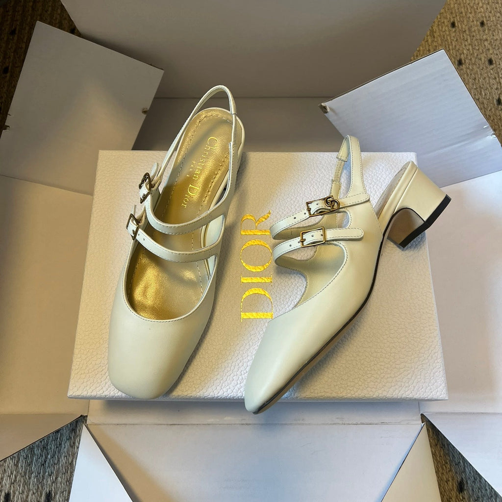 DIOR 26S CHERIE SLINGBACK PUMP 45MM IN CREAM WHITE CALFSKIN GOLD HARDWARE