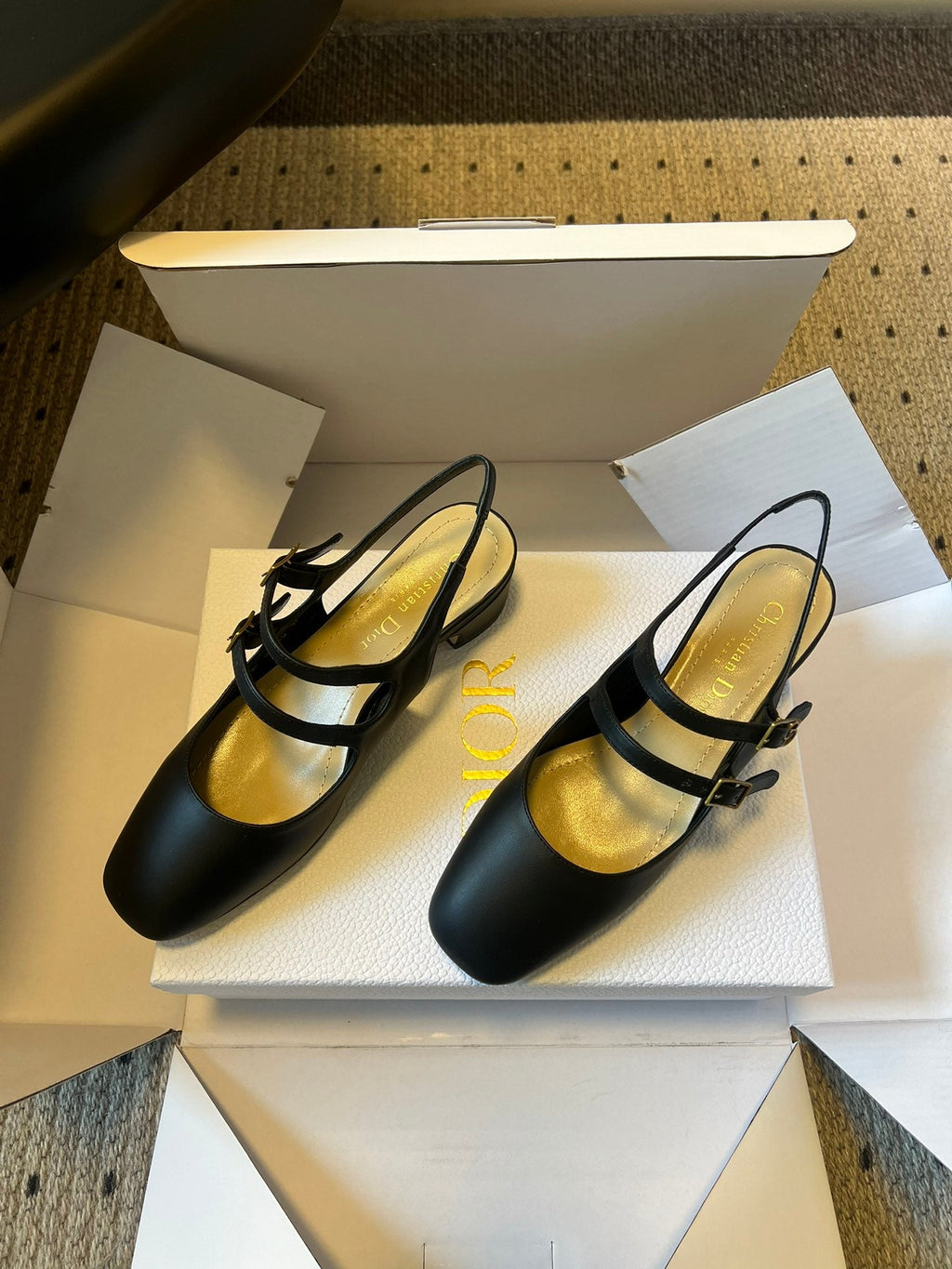 DIOR 26S CHERIE SLINGBACK PUMP 45MM IN BLACK CALFSKIN GOLD HARDWARE
