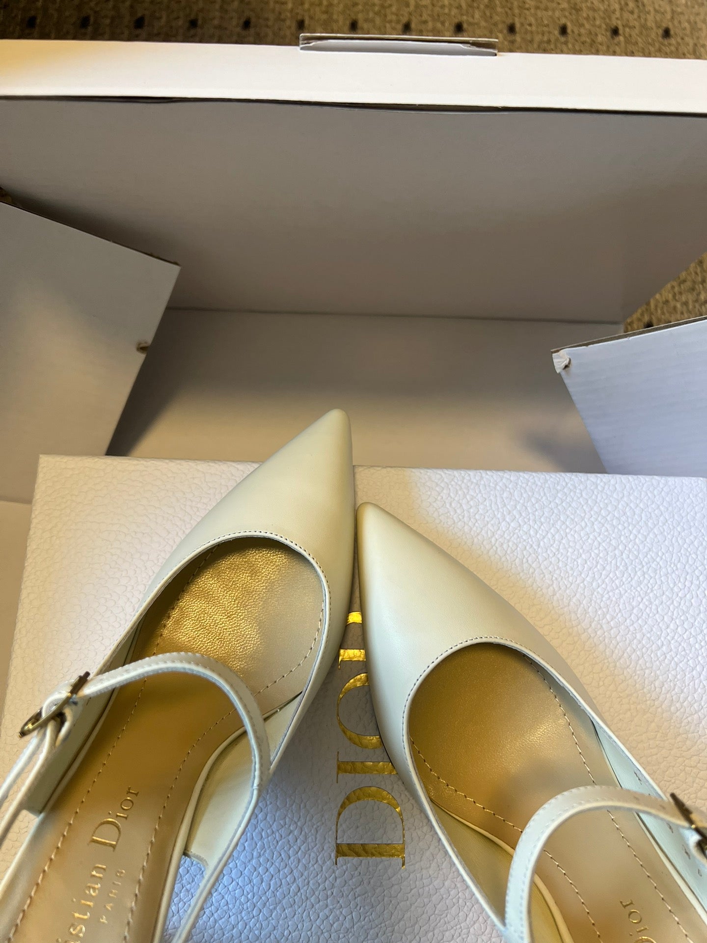 DIOR 26S SLINGBACK PUMP 90MM IN CREAM WHITE CALFSKIN GOLD HARDWARE