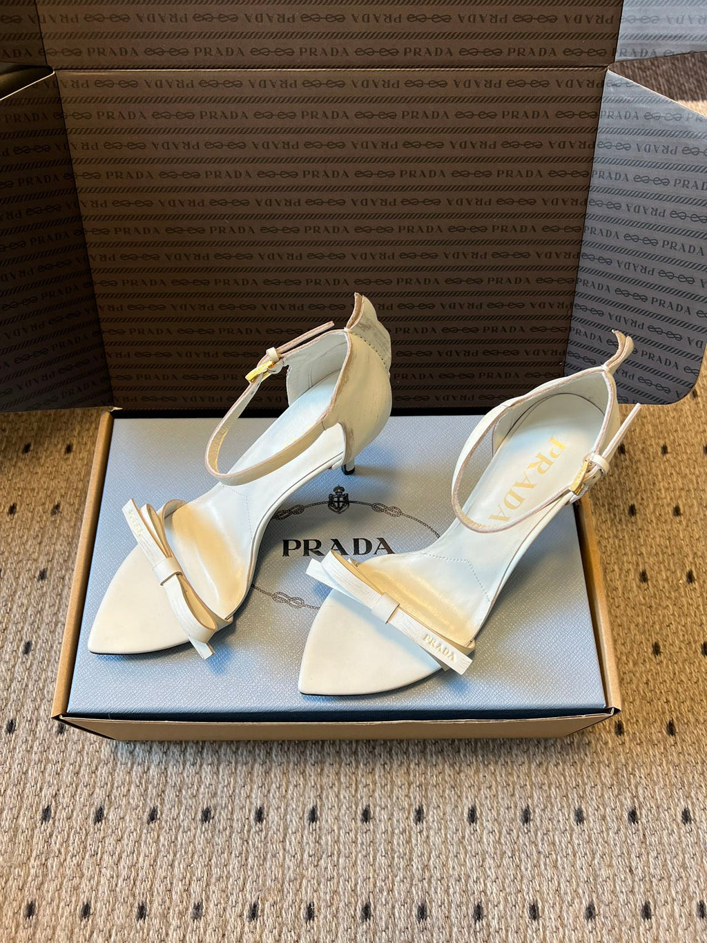 PRADA 26S POINTED-TOE STRAPPY HIGH-HEEL SANDALS 80MM IN WHITE CALFSKIN