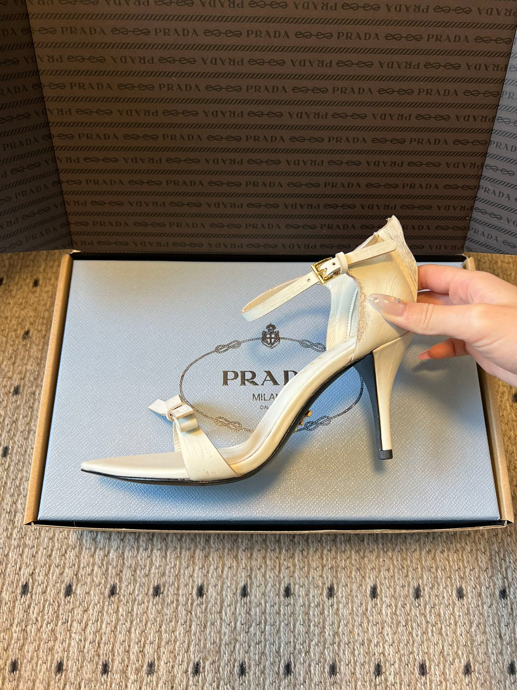 PRADA 26S POINTED-TOE STRAPPY HIGH-HEEL SANDALS 80MM IN WHITE CALFSKIN