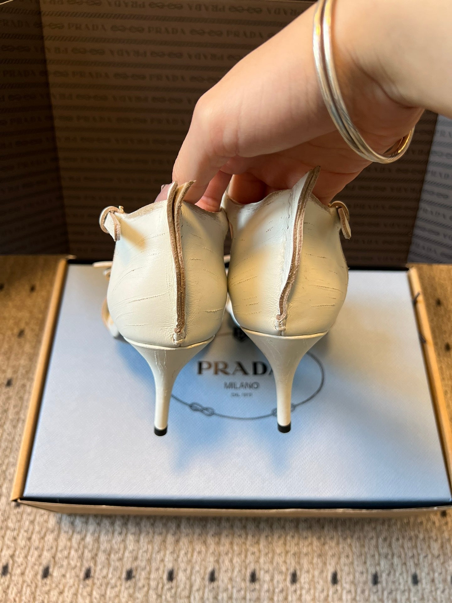 PRADA 26S POINTED-TOE STRAPPY HIGH-HEEL SANDALS 80MM IN WHITE CALFSKIN