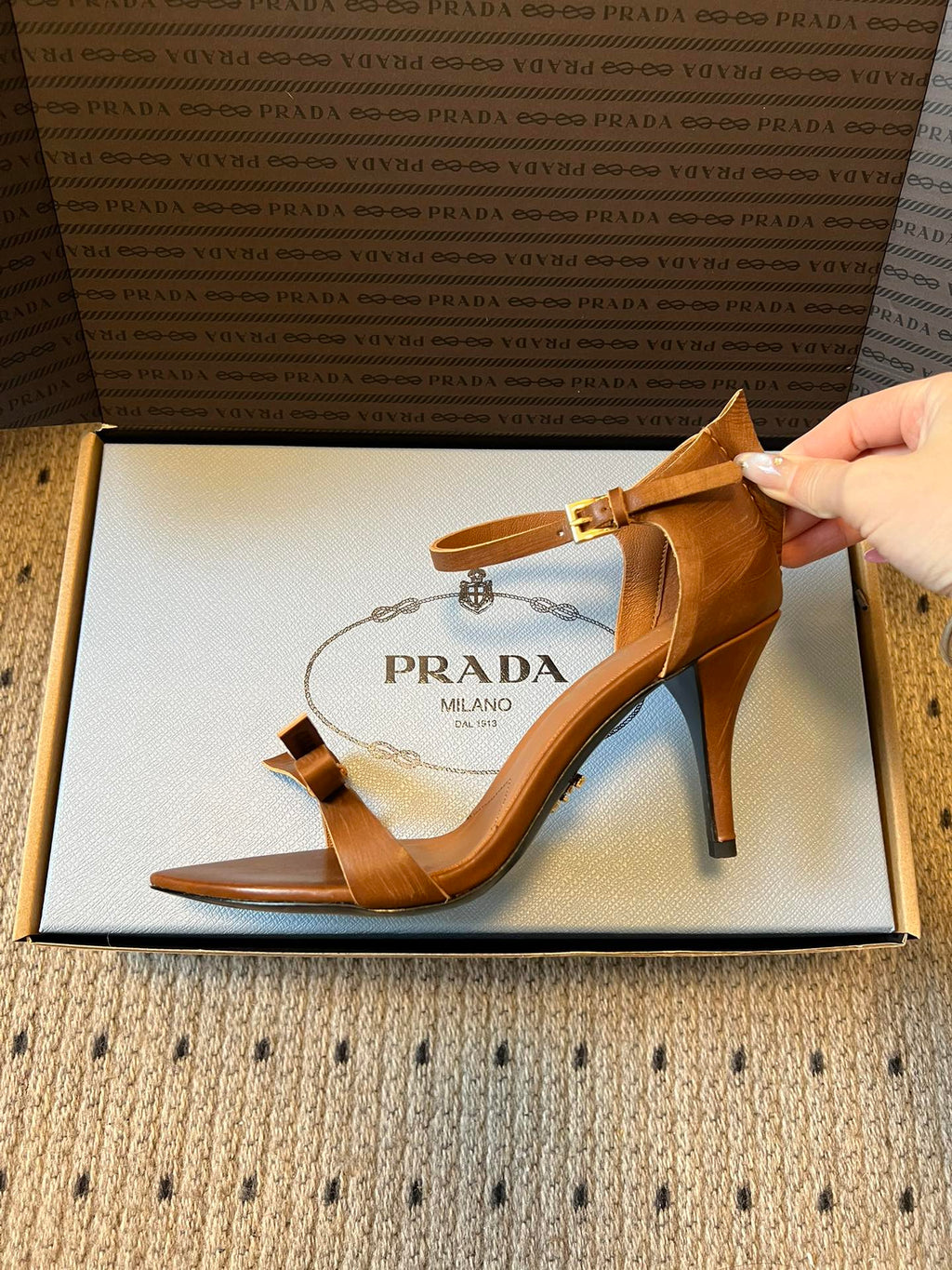 PRADA 26S POINTED-TOE STRAPPY HIGH-HEEL SANDALS 80MM IN CARAMEL BROWN CALFSKIN
