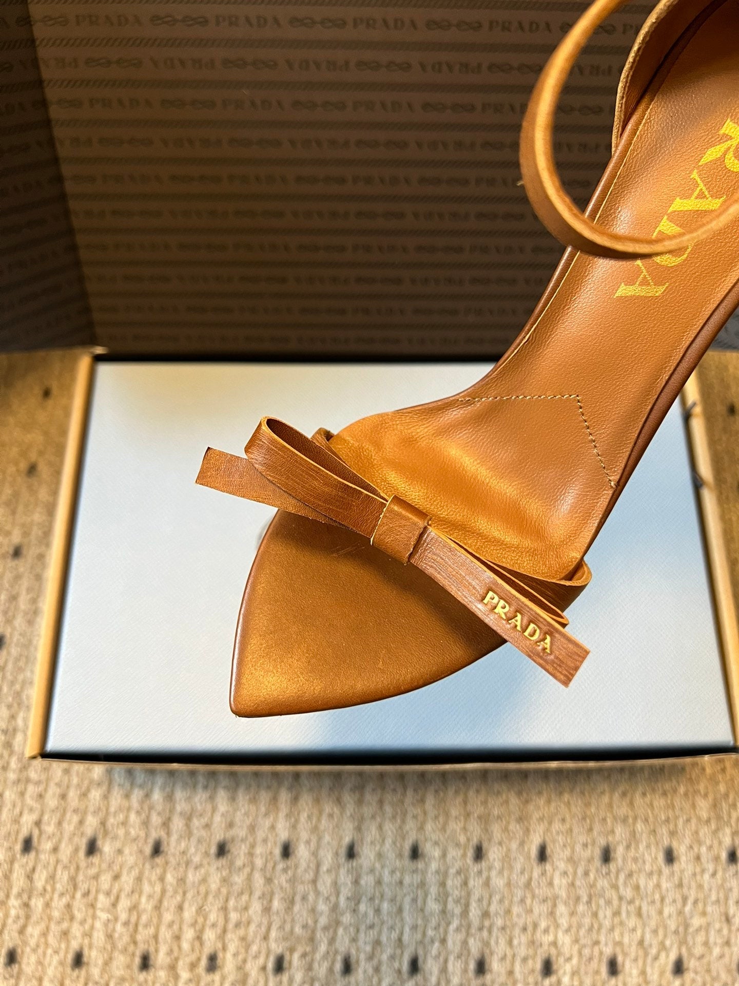 PRADA 26S POINTED-TOE STRAPPY HIGH-HEEL SANDALS 80MM IN CARAMEL BROWN CALFSKIN