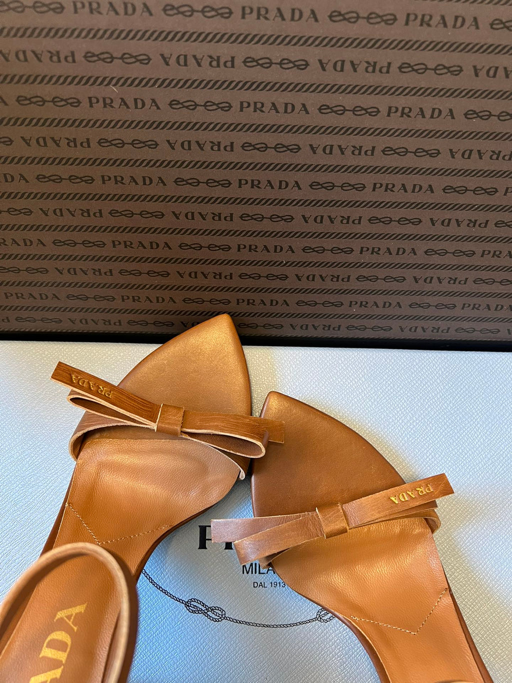 PRADA 26S POINTED-TOE STRAPPY HIGH-HEEL SANDALS 80MM IN CARAMEL BROWN CALFSKIN