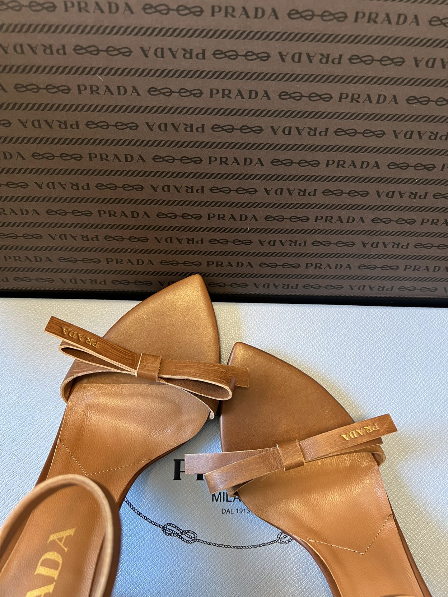 PRADA 26S POINTED-TOE STRAPPY HIGH-HEEL SANDALS 80MM IN CARAMEL BROWN CALFSKIN