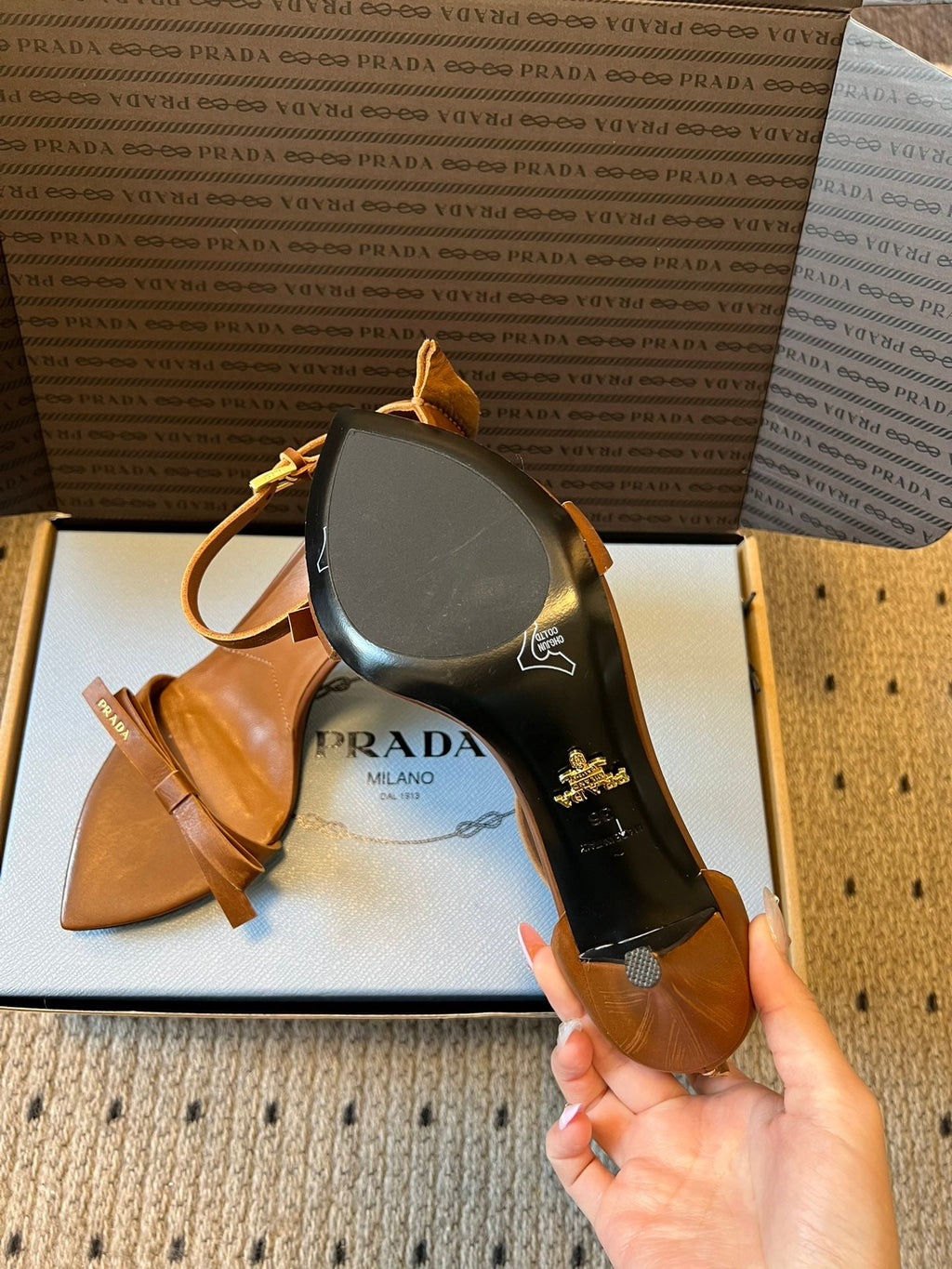 PRADA 26S POINTED-TOE STRAPPY HIGH-HEEL SANDALS 80MM IN CARAMEL BROWN CALFSKIN