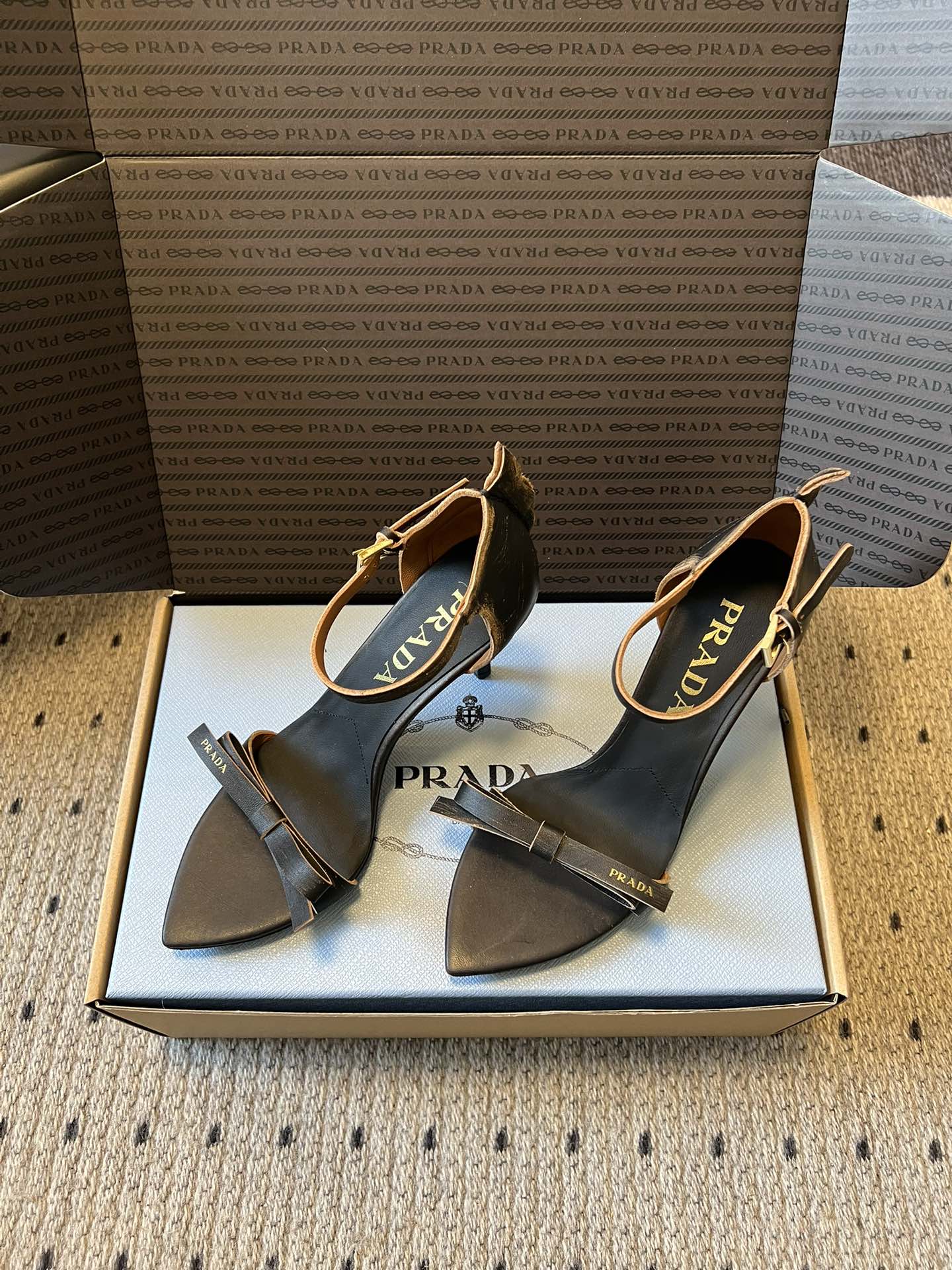 PRADA 26S POINTED-TOE STRAPPY HIGH-HEEL SANDALS 60MM IN BLACK CALFSKIN