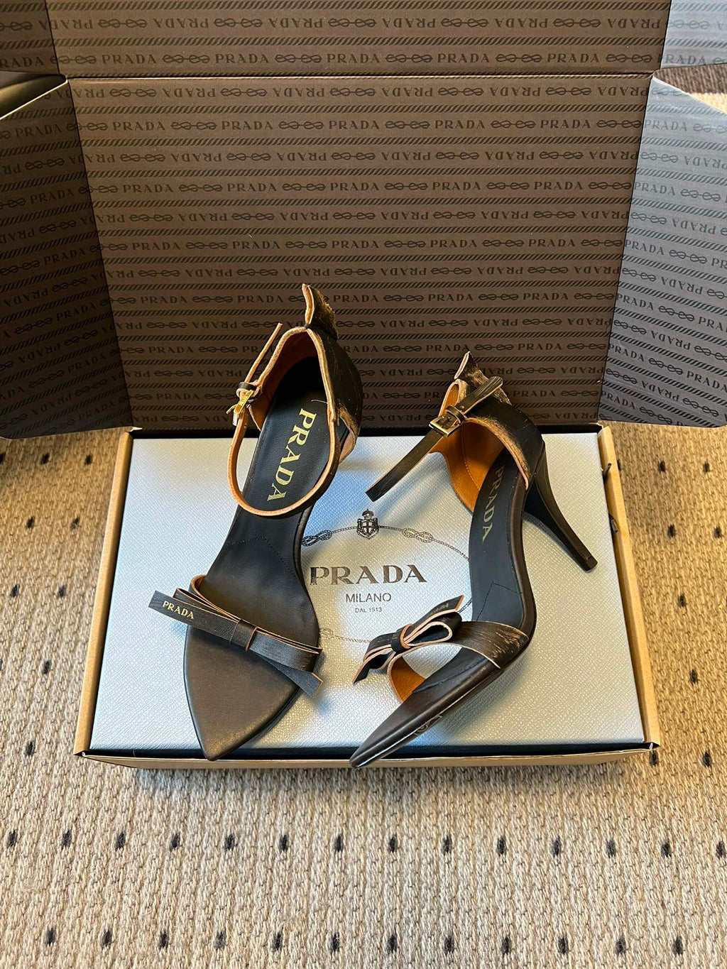 PRADA 26S POINTED-TOE STRAPPY HIGH-HEEL SANDALS 60MM IN BLACK CALFSKIN