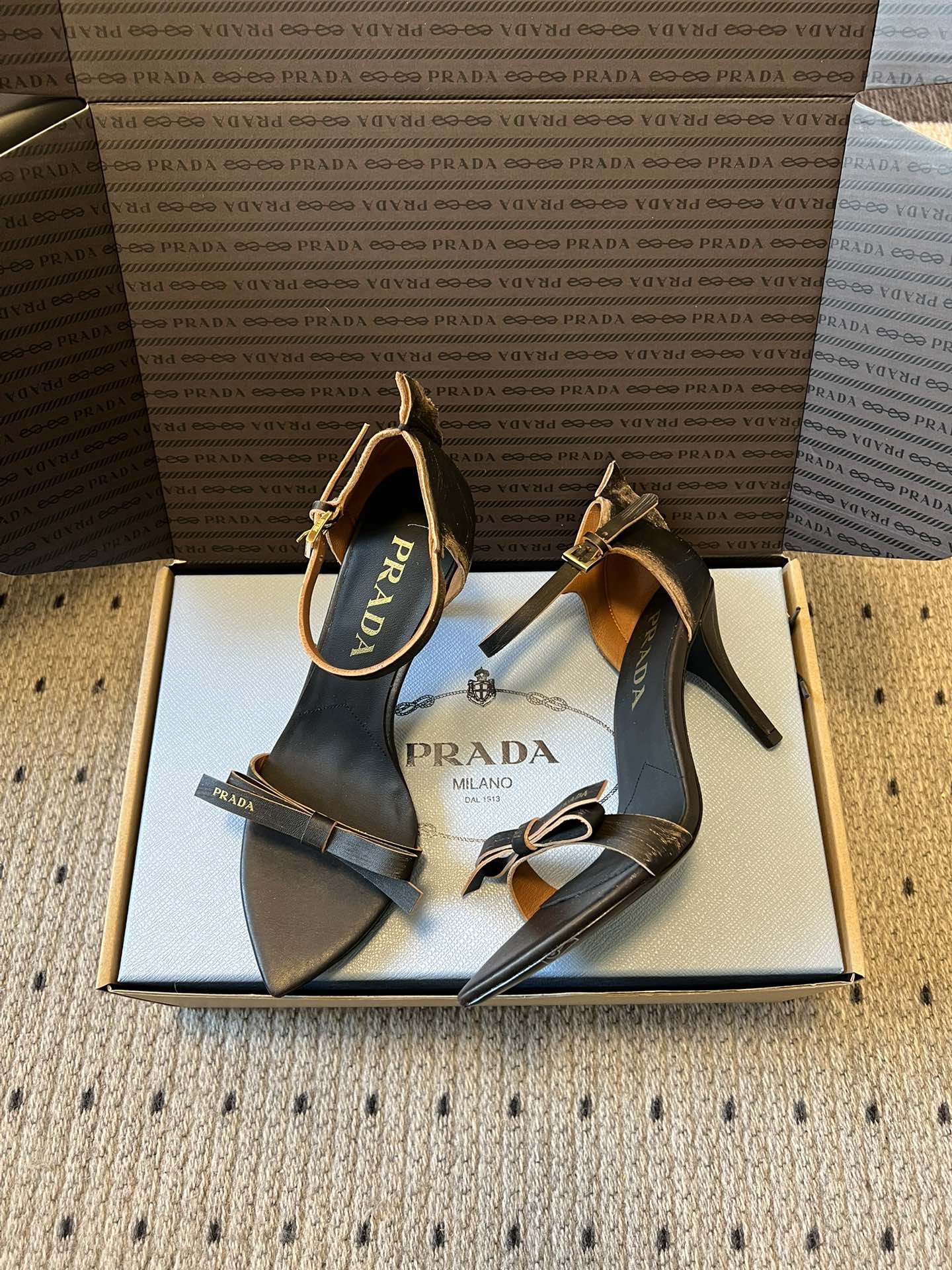 PRADA 26S POINTED-TOE STRAPPY HIGH-HEEL SANDALS 60MM IN BLACK CALFSKIN