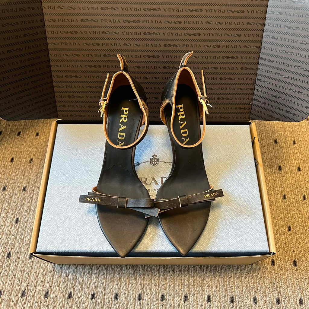 PRADA 26S POINTED-TOE STRAPPY HIGH-HEEL SANDALS 60MM IN BLACK CALFSKIN