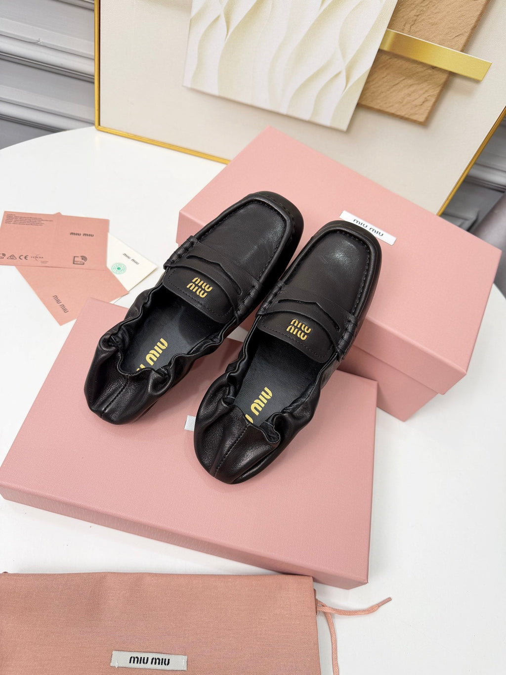 MIUMIU 26S RUCHES LOAFERS IN BLACK LAMBSKIN