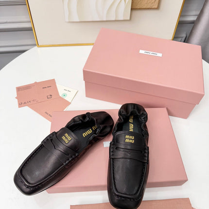 MIUMIU 26S RUCHES LOAFERS IN BLACK LAMBSKIN