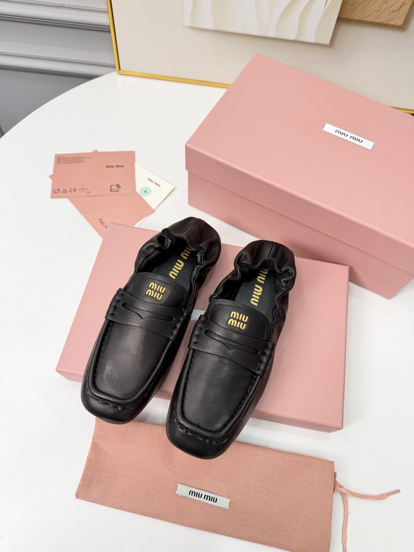 MIUMIU 26S RUCHES LOAFERS IN BLACK LAMBSKIN