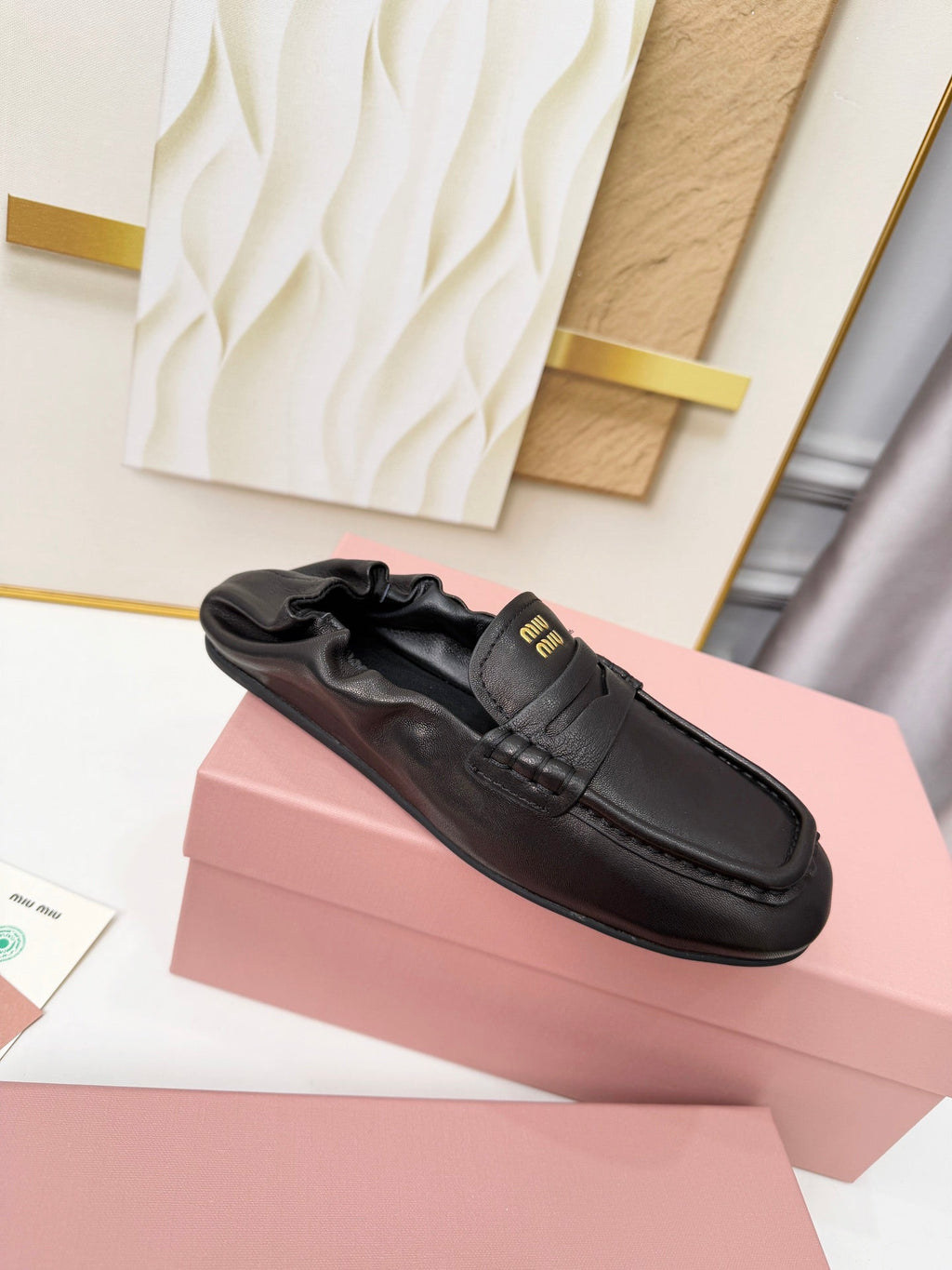 MIUMIU 26S RUCHES LOAFERS IN BLACK LAMBSKIN