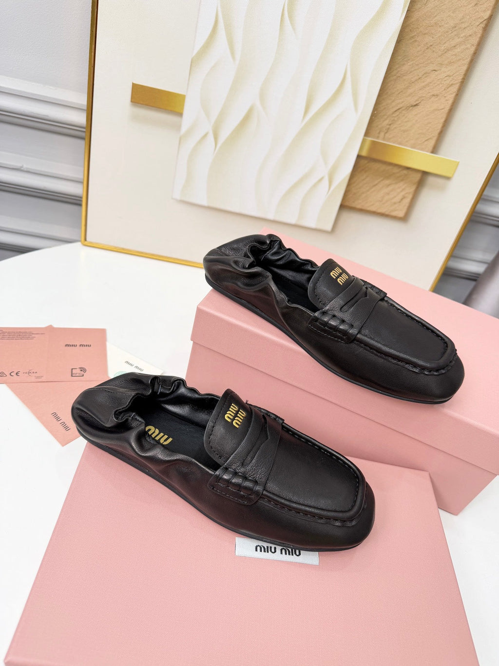 MIUMIU 26S RUCHES LOAFERS IN BLACK LAMBSKIN