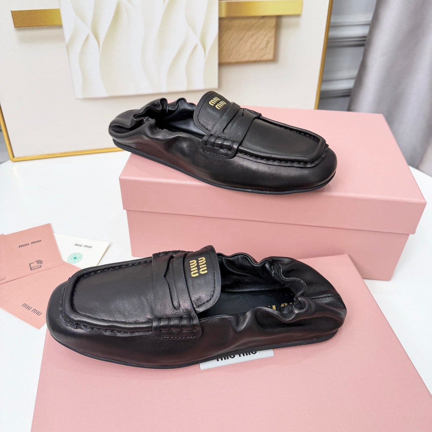 MIUMIU 26S RUCHES LOAFERS IN BLACK LAMBSKIN