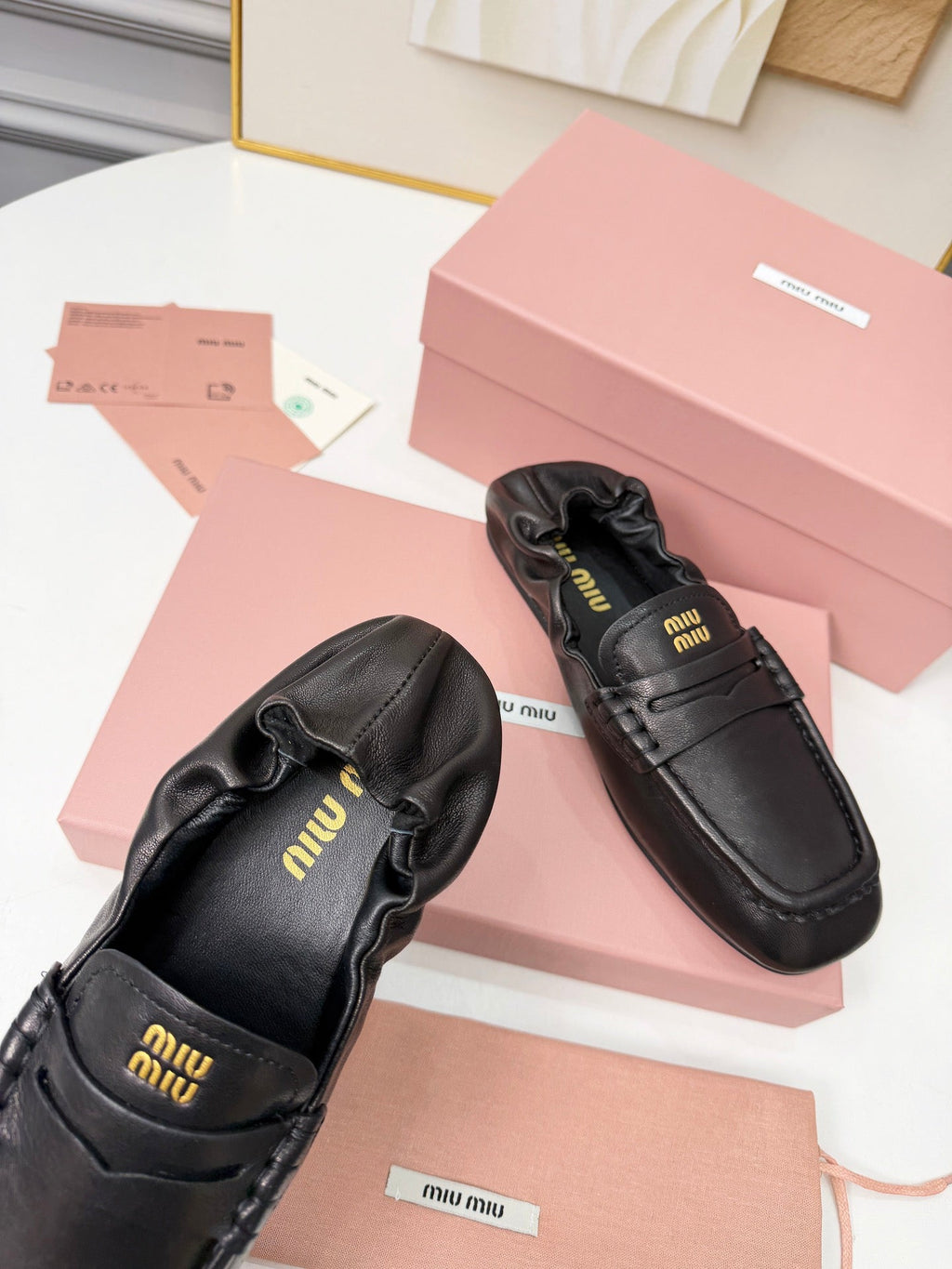 MIUMIU 26S RUCHES LOAFERS IN BLACK LAMBSKIN