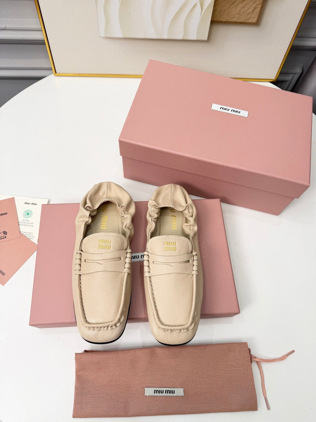MIUMIU 26S RUCHES LOAFERS IN BEIGE LAMBSKIN