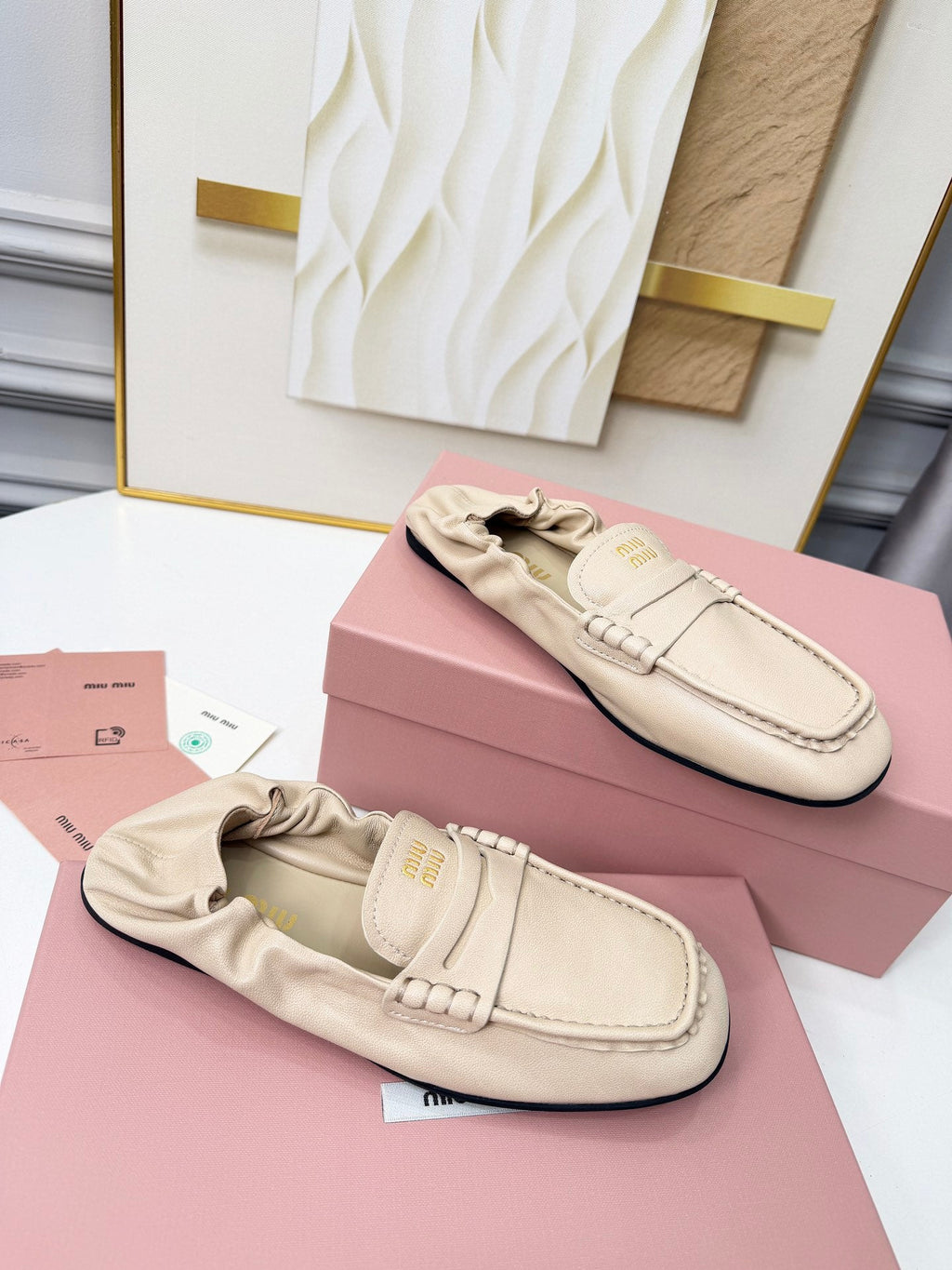 MIUMIU 26S RUCHES LOAFERS IN BEIGE LAMBSKIN