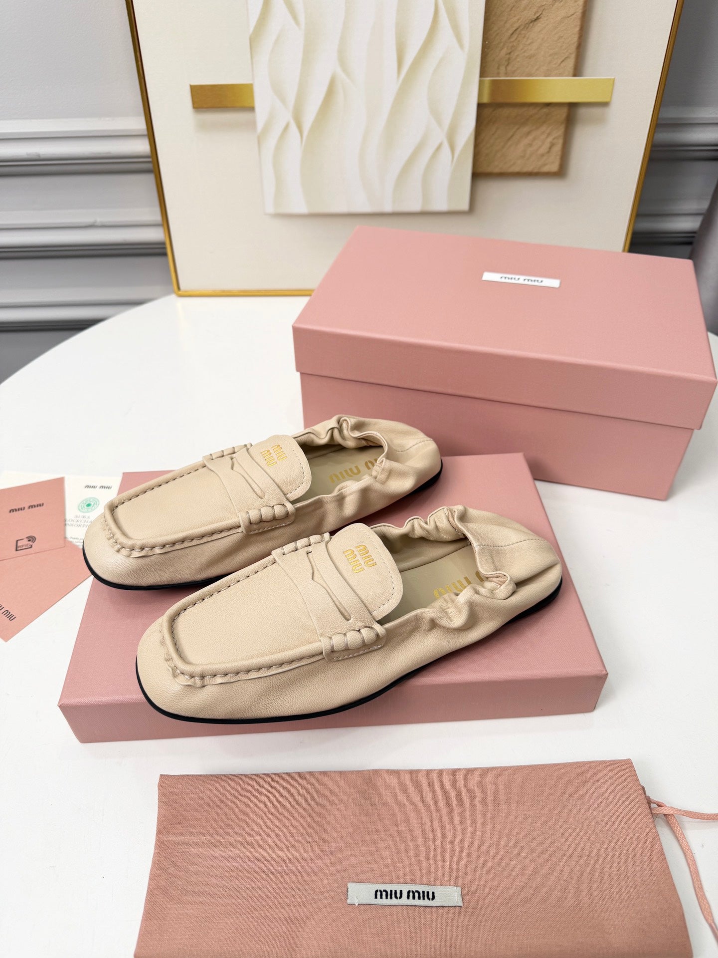 MIUMIU 26S RUCHES LOAFERS IN BEIGE LAMBSKIN