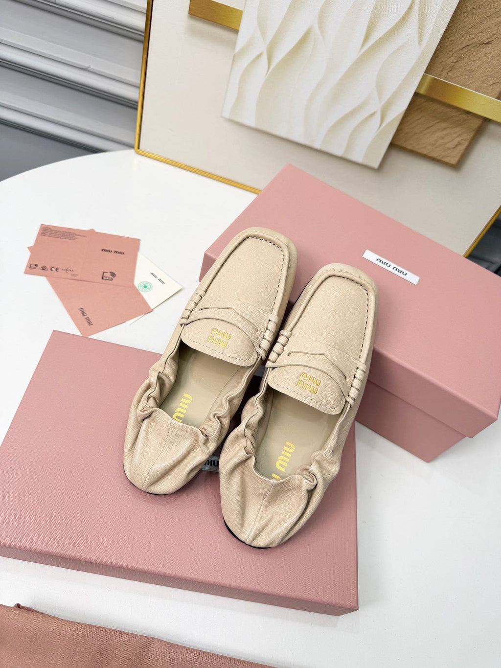 MIUMIU 26S RUCHES LOAFERS IN BEIGE LAMBSKIN