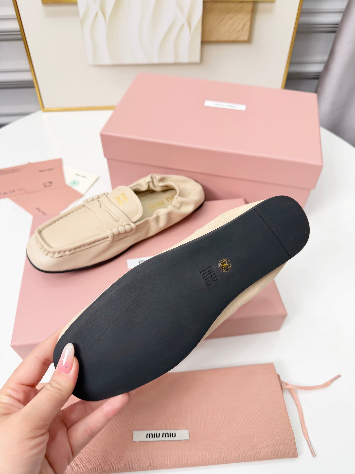 MIUMIU 26S RUCHES LOAFERS IN BEIGE LAMBSKIN