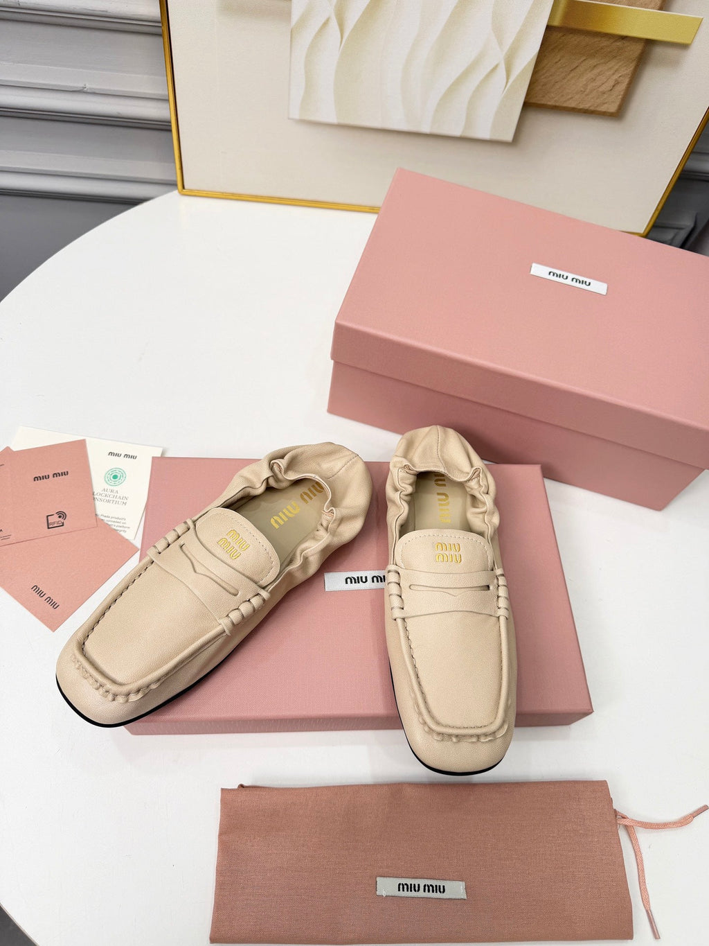 MIUMIU 26S RUCHES LOAFERS IN BEIGE LAMBSKIN