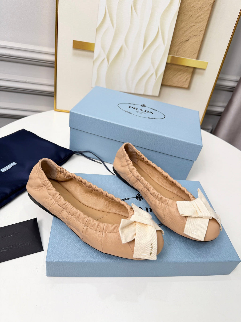 PRADA 26S BALLERINA FLATS IN NUDE LAMBSKIN WITH BOW