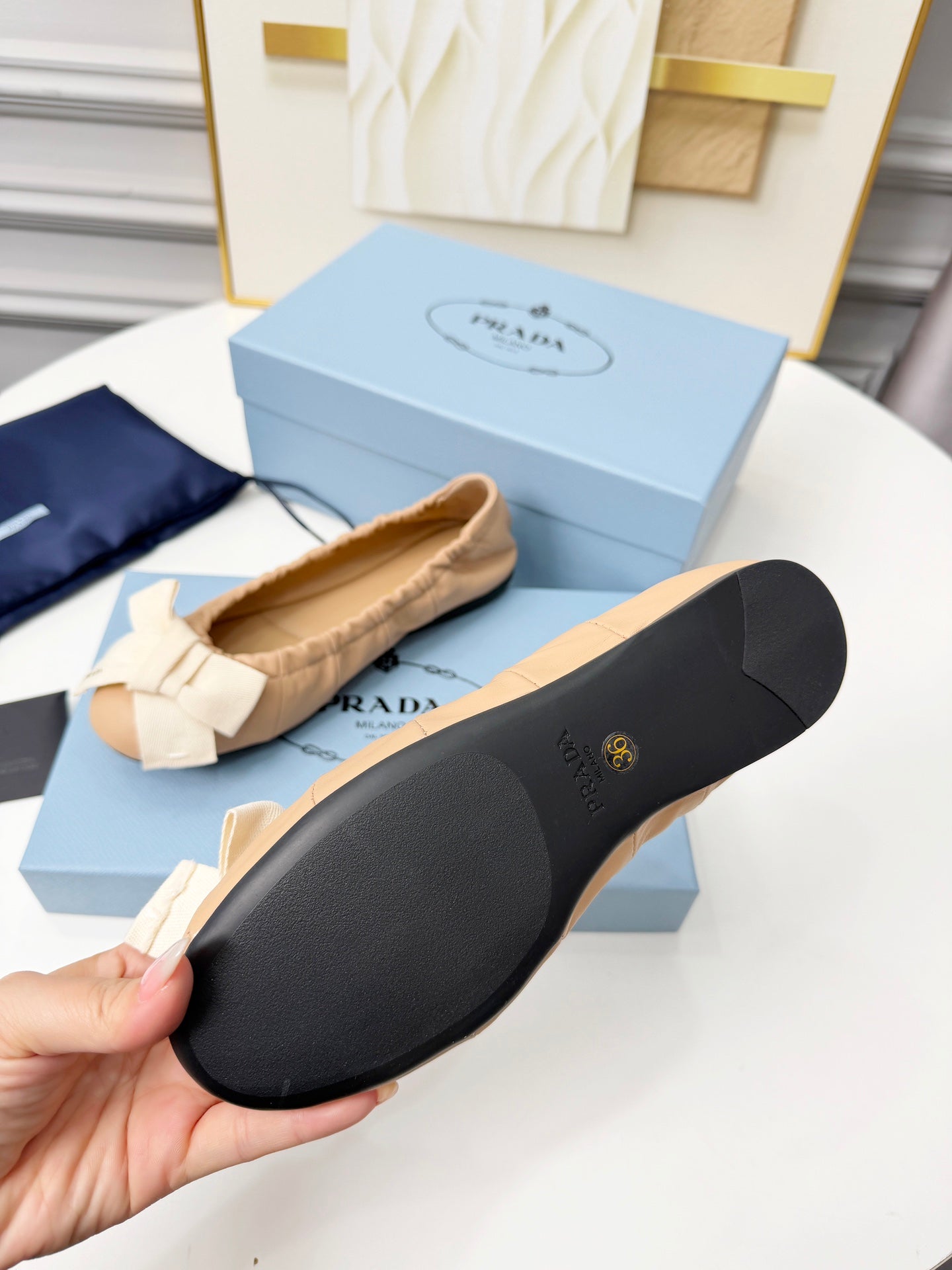 PRADA 26S BALLERINA FLATS IN NUDE LAMBSKIN WITH BOW