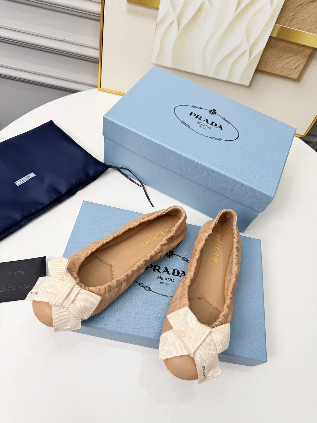 PRADA 26S BALLERINA FLATS IN NUDE LAMBSKIN WITH BOW