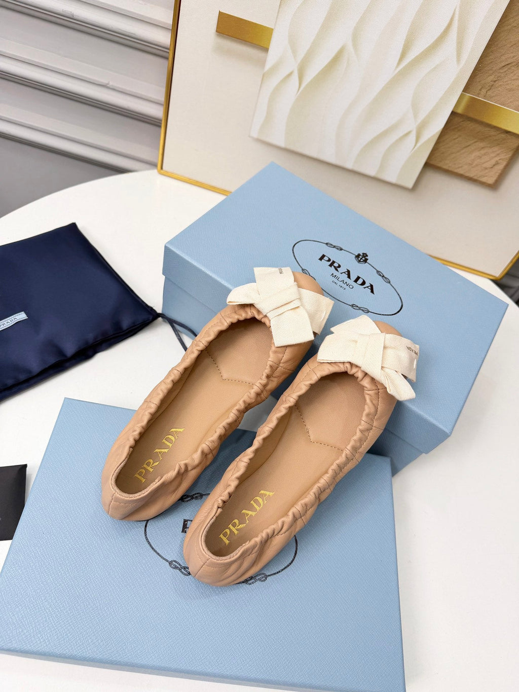 PRADA 26S BALLERINA FLATS IN NUDE LAMBSKIN WITH BOW