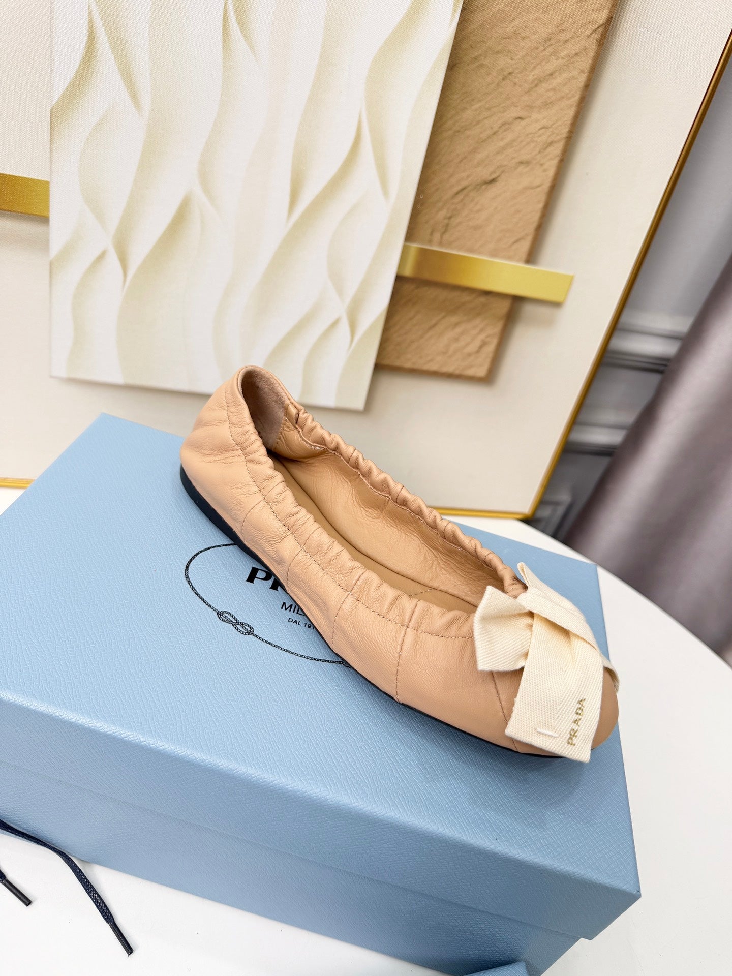 PRADA 26S BALLERINA FLATS IN NUDE LAMBSKIN WITH BOW