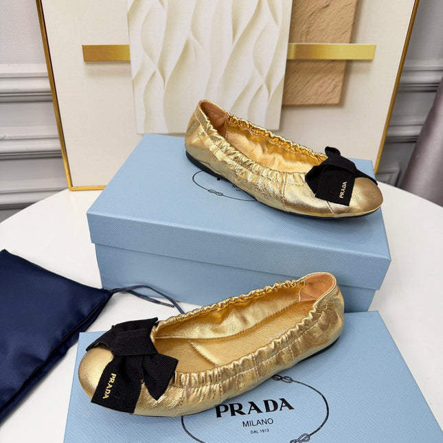 PRADA 26S BALLERINA FLATS IN GOLD CALFSKIN WITH BOW