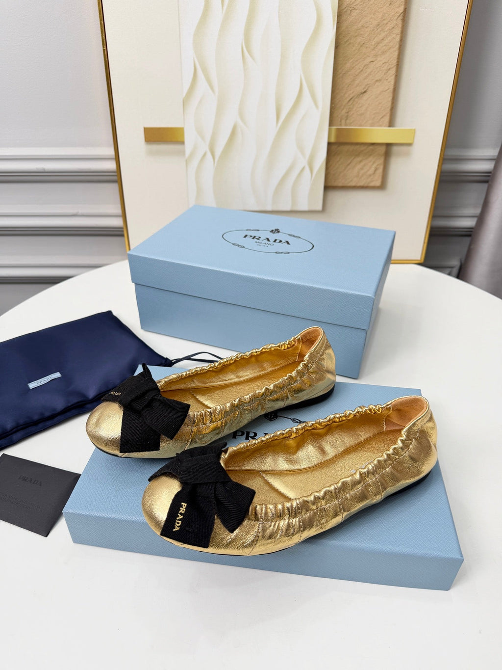 PRADA 26S BALLERINA FLATS IN GOLD CALFSKIN WITH BOW