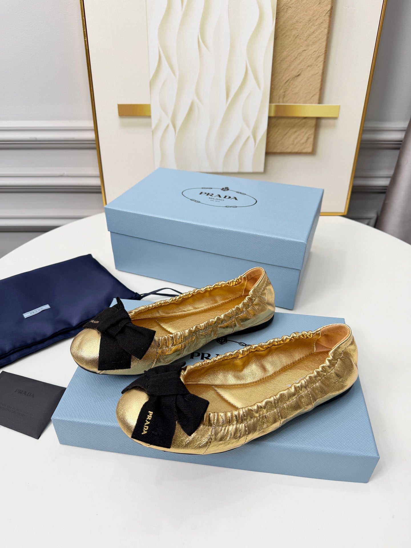 PRADA 26S BALLERINA FLATS IN GOLD CALFSKIN WITH BOW